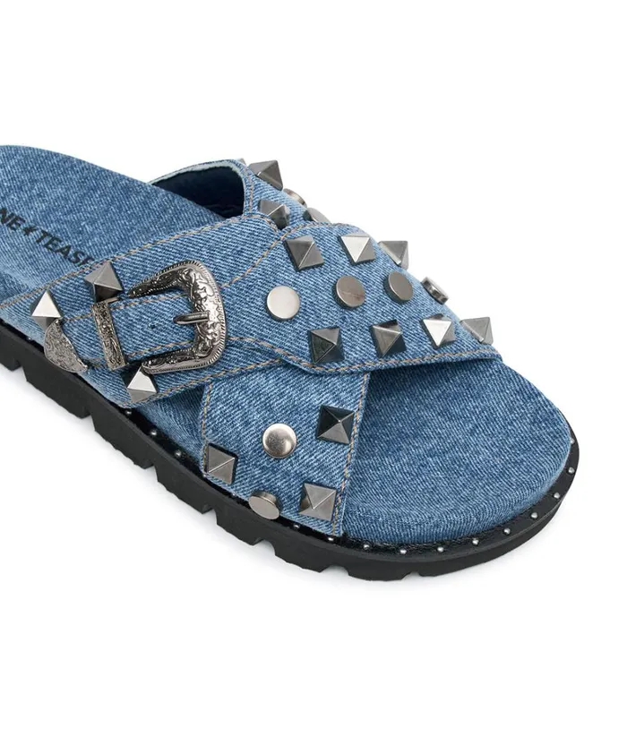 One Teaspoon Footwear STUDDED DENIM IGGY SLIDES 8211 Women One Teaspoon Footwear STUDDED DENIM IGGY SLIDES 8211 Women