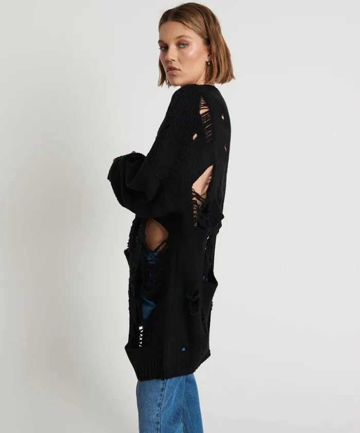 One Teaspoon Knitwear BLACK HERCULES SHREDDED SWEATER 8211 Women