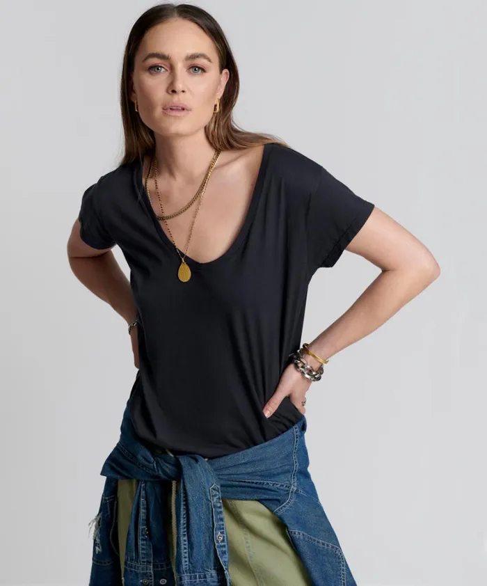 One Teaspoon Tees and Tanks ONE TEASPOON ORGANIC SCOOP NECK BASIC TEE BLACK 8211 Women