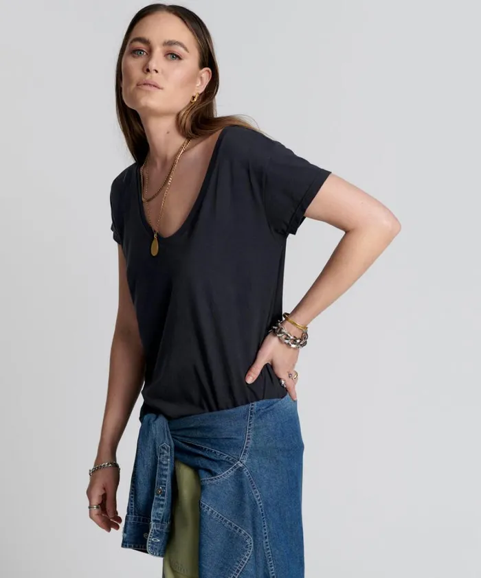 One Teaspoon Tees and Tanks ONE TEASPOON ORGANIC SCOOP NECK BASIC TEE BLACK 8211 Women