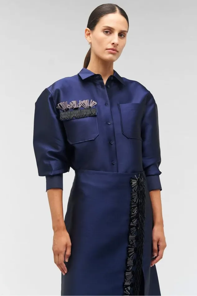 Oroton Sets Women Fringe Beaded Satin Overshirt North Sea