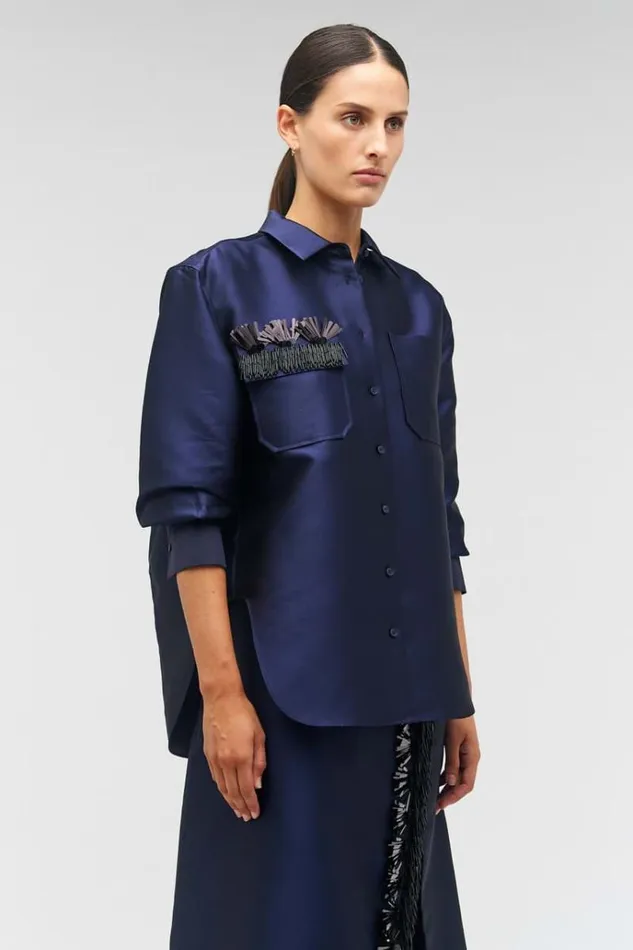 Oroton Sets Women Fringe Beaded Satin Overshirt North Sea