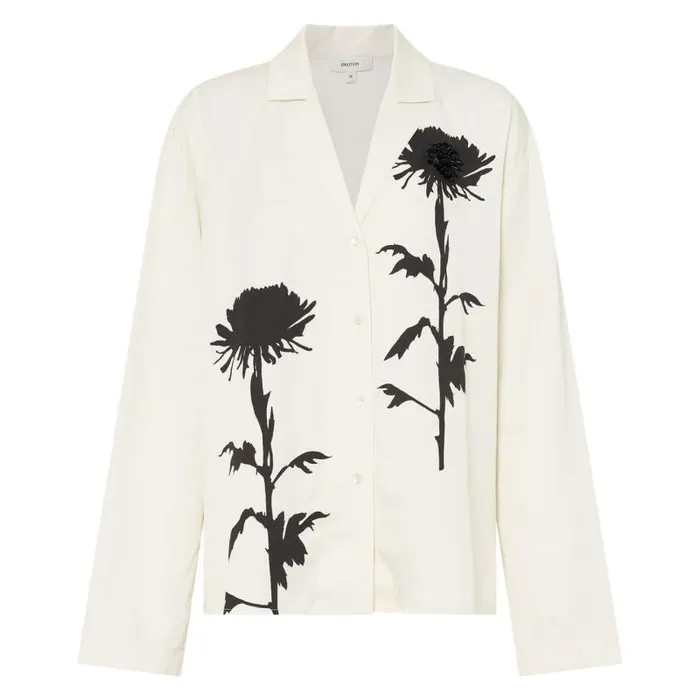 Oroton Tops Women Graphic Floral Print Long Sleeve Camp Shirt Antique Cream
