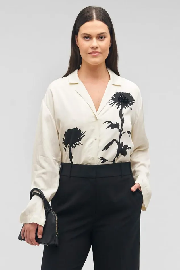 Oroton Tops Women Graphic Floral Print Long Sleeve Camp Shirt Antique Cream