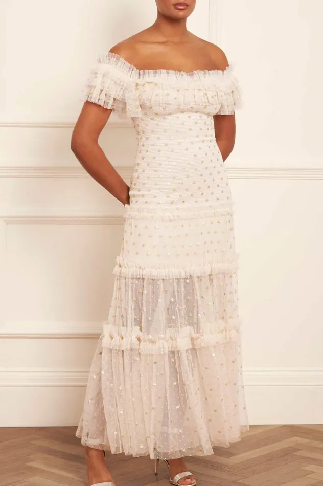 Polka Dot Smocked Ankle Gown Champagne Women Needle and Thread Dresses