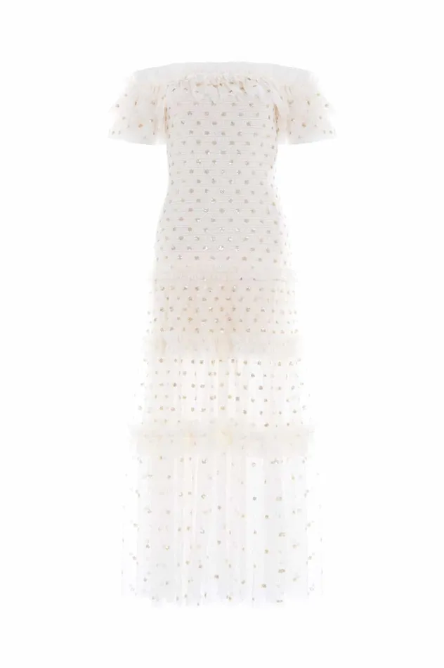 Polka Dot Smocked Ankle Gown Champagne Women Needle and Thread Dresses