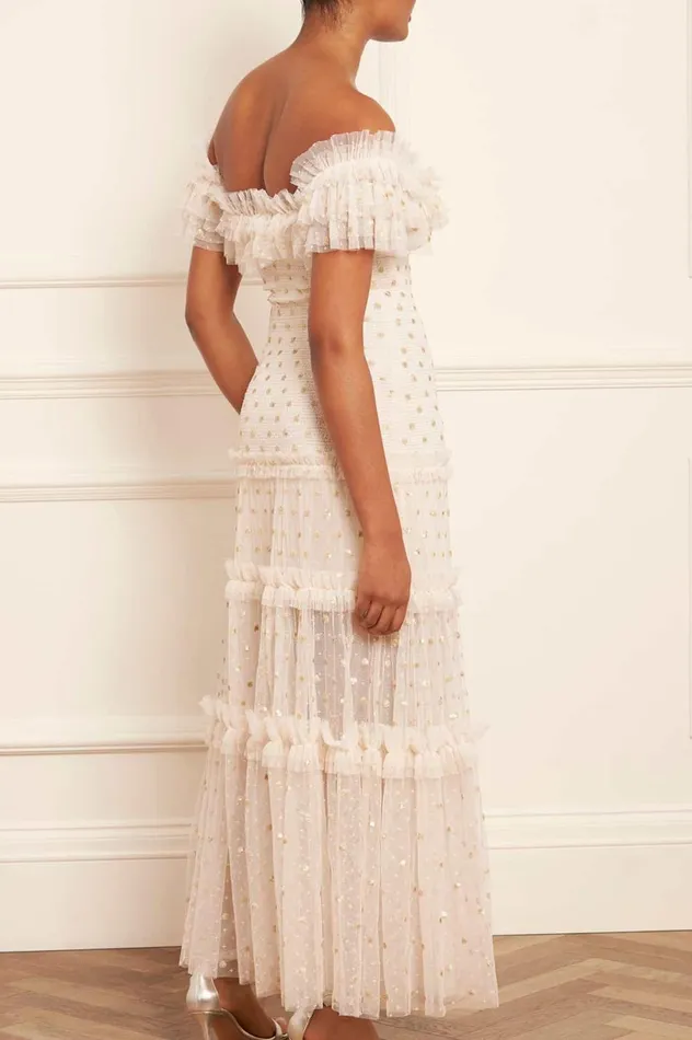 Polka Dot Smocked Ankle Gown Champagne Women Needle and Thread Dresses