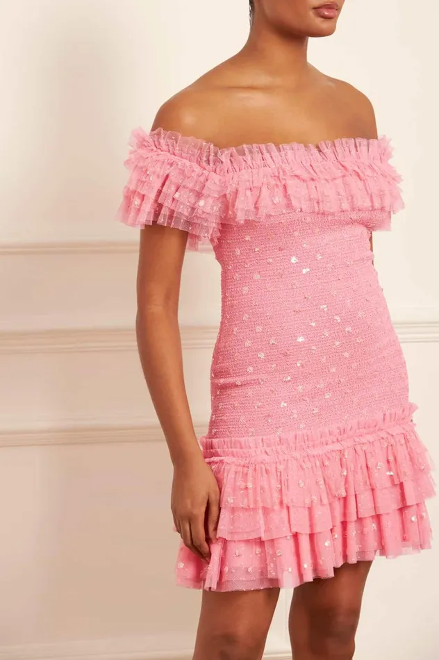 Polka Dot Smocked Micro Mini Dress Coral Women Needle and Thread Dresses
