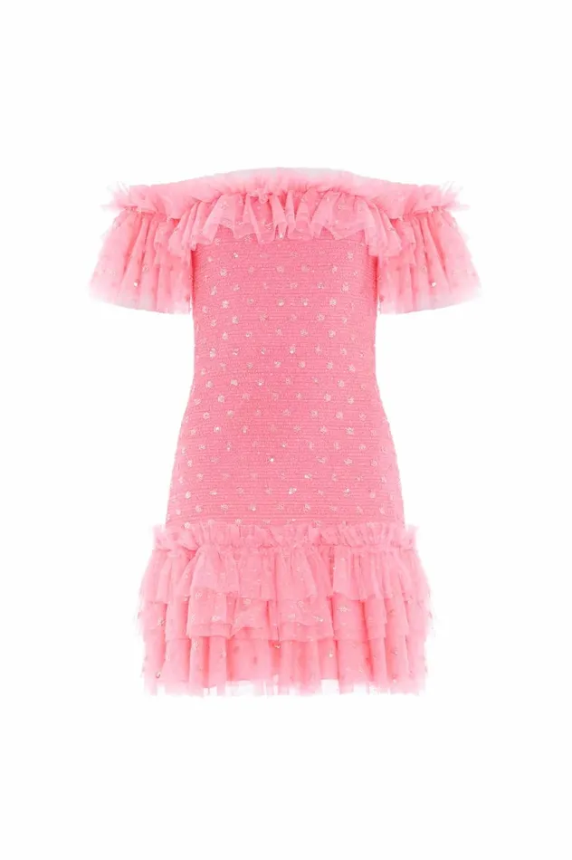 Polka Dot Smocked Micro Mini Dress Coral Women Needle and Thread Dresses