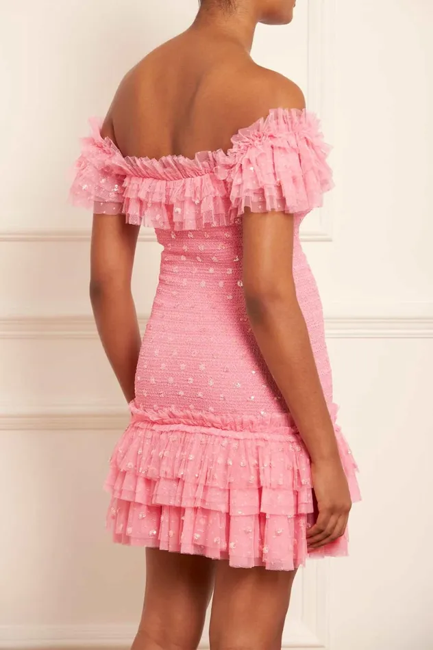 Polka Dot Smocked Micro Mini Dress Coral Women Needle and Thread Dresses