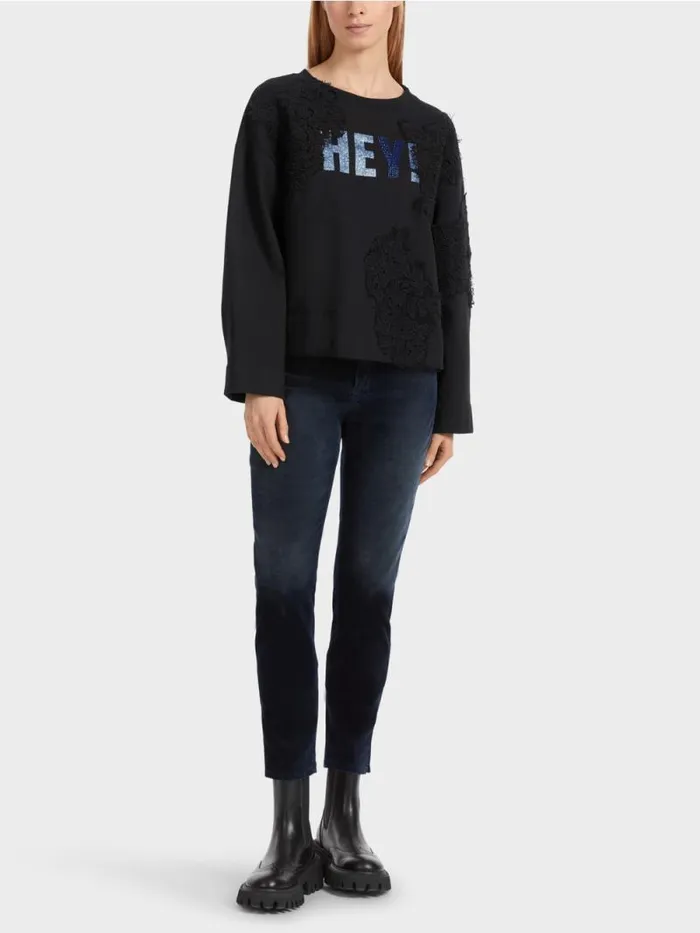 Pullover and Sweatshirts Damen Marc Cain Sweatshirt Mit Glitzer Und Spitze Midnight Blue