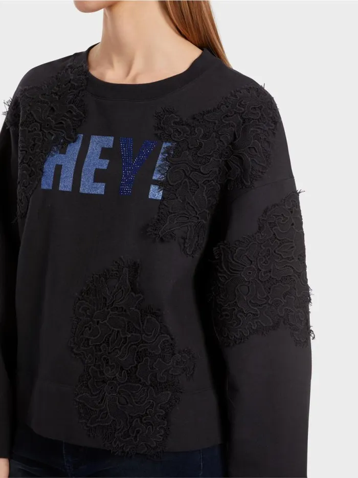 Pullover and Sweatshirts Damen Marc Cain Sweatshirt Mit Glitzer Und Spitze Midnight Blue
