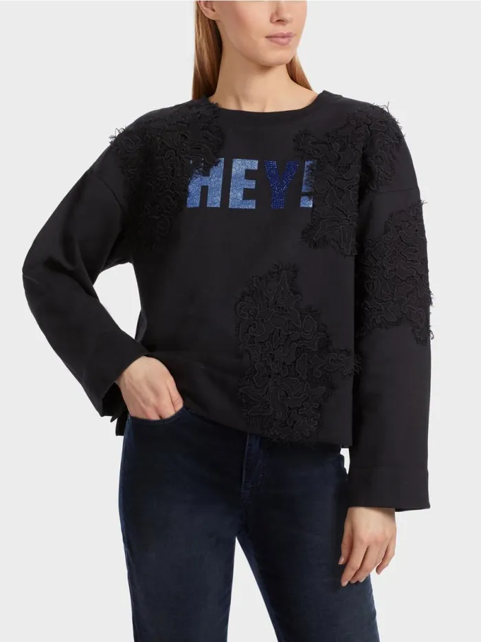 Pullover and Sweatshirts Damen Marc Cain Sweatshirt Mit Glitzer Und Spitze Midnight Blue
