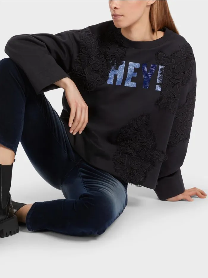 Pullover and Sweatshirts Damen Marc Cain Sweatshirt Mit Glitzer Und Spitze Midnight Blue