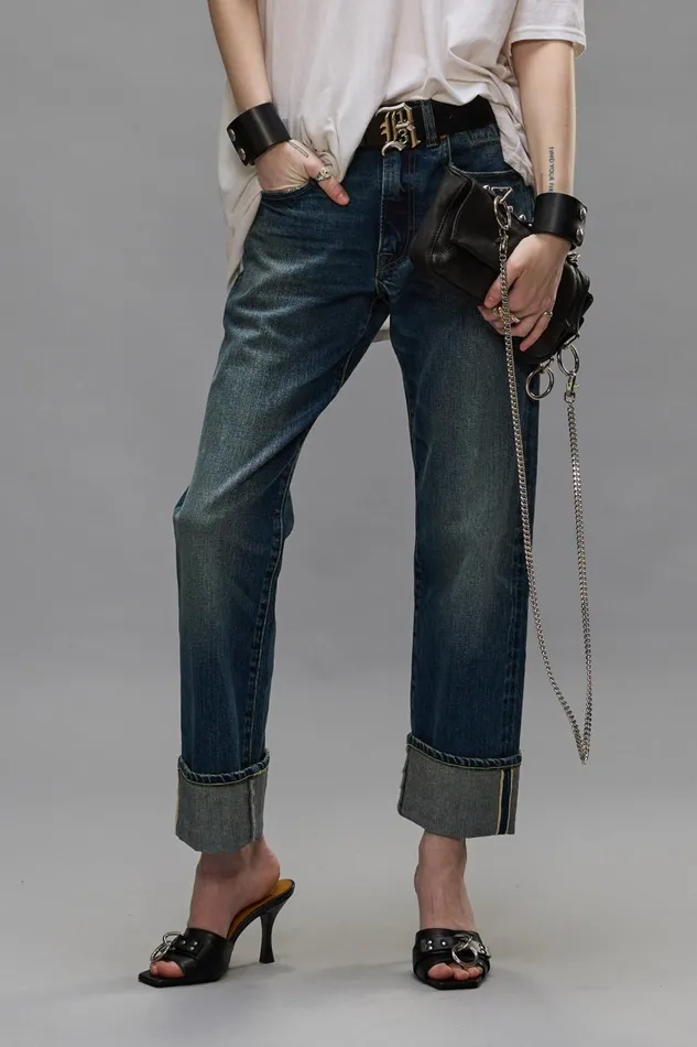 R13 Boyfriend Women CUFFED ROMEO JEANS 8211 CASLON SELVEDGE BLUE