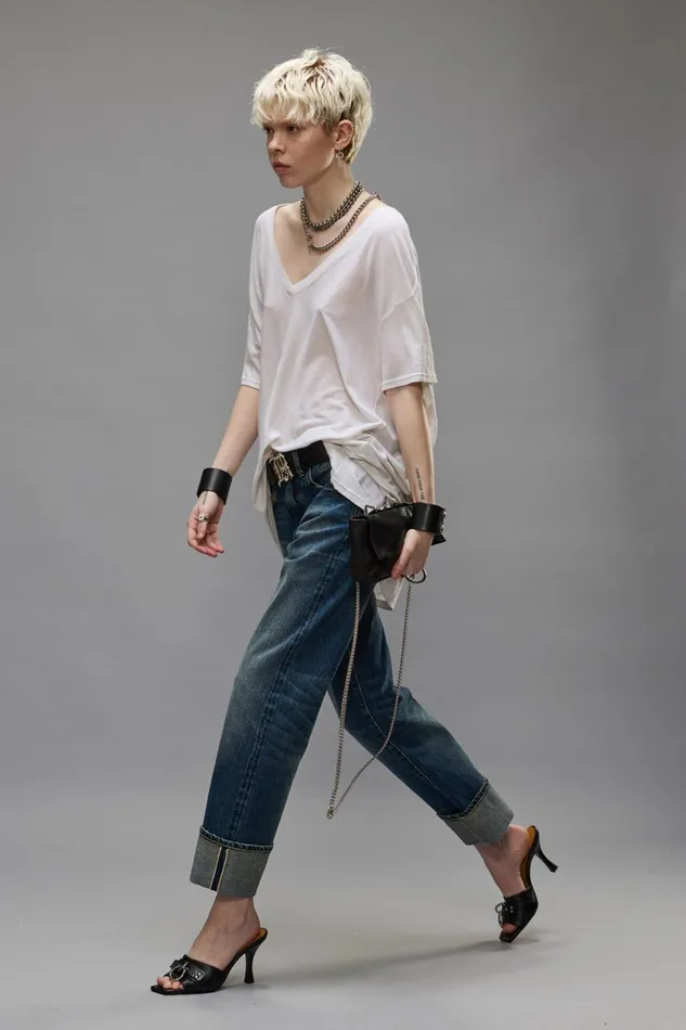 R13 Boyfriend Women CUFFED ROMEO JEANS 8211 CASLON SELVEDGE BLUE