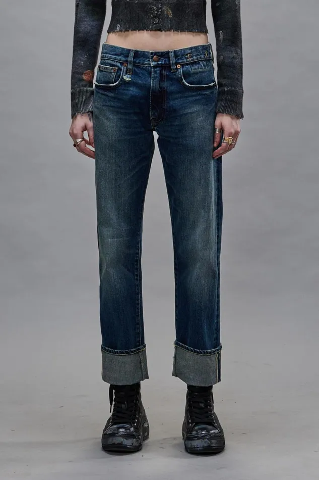 R13 Boyfriend Women CUFFED ROMEO JEANS 8211 CASLON SELVEDGE BLUE