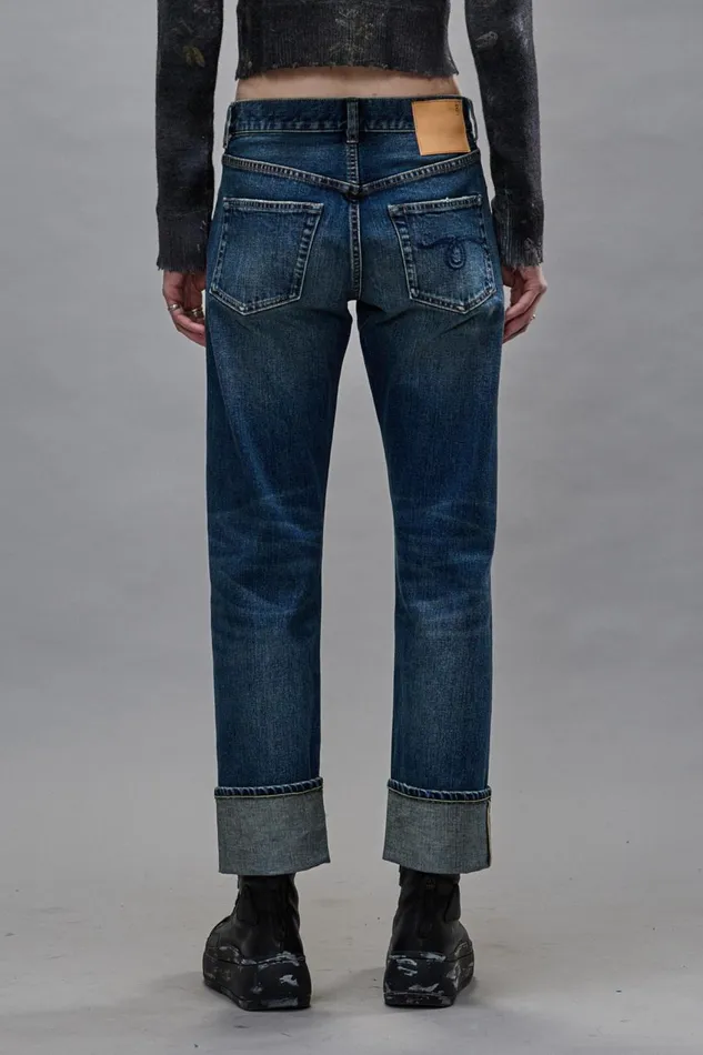 R13 Boyfriend Women CUFFED ROMEO JEANS 8211 CASLON SELVEDGE BLUE