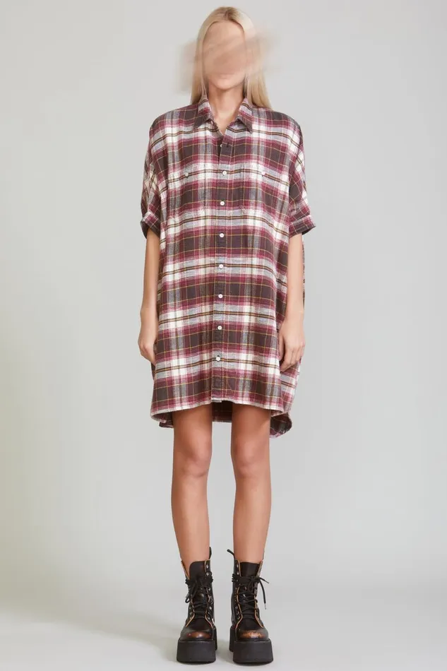 R13 Dresses and Skirts Women PLAID OVERSIZED BOXY SHIRTDRESS 8211 ECRUMAROON PLAID