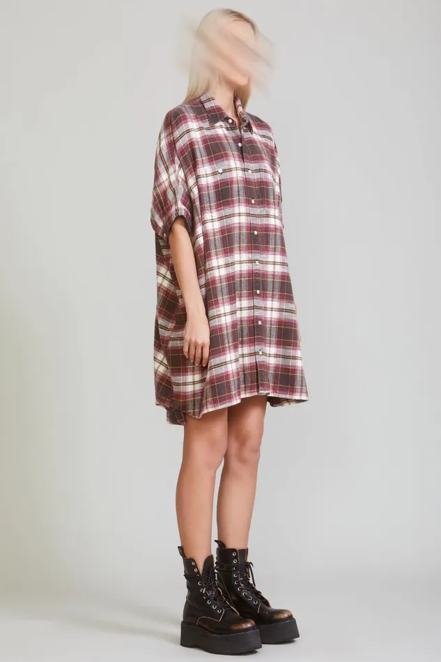R13 Dresses and Skirts Women PLAID OVERSIZED BOXY SHIRTDRESS 8211 ECRUMAROON PLAID