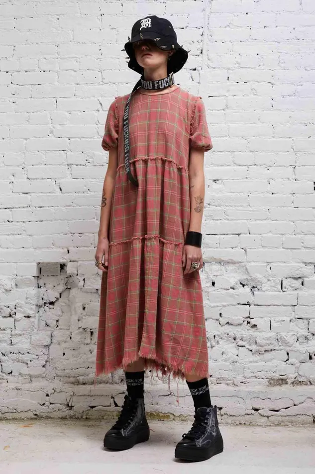 R13 Dresses and Skirts Women SHREDDED RELAXED MIDI 8211 RED PLAID