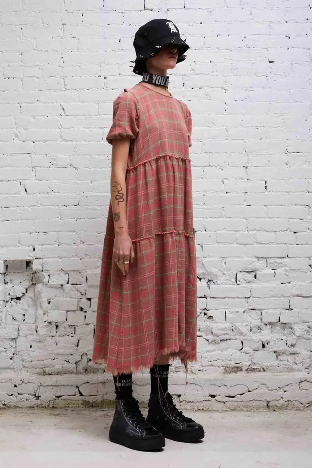 R13 Dresses and Skirts Women SHREDDED RELAXED MIDI 8211 RED PLAID