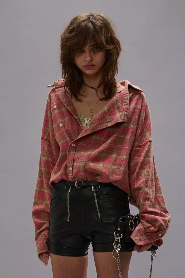 R13 Sale Women ASYMMETRICAL SHIRT 8211 PINK PLAID