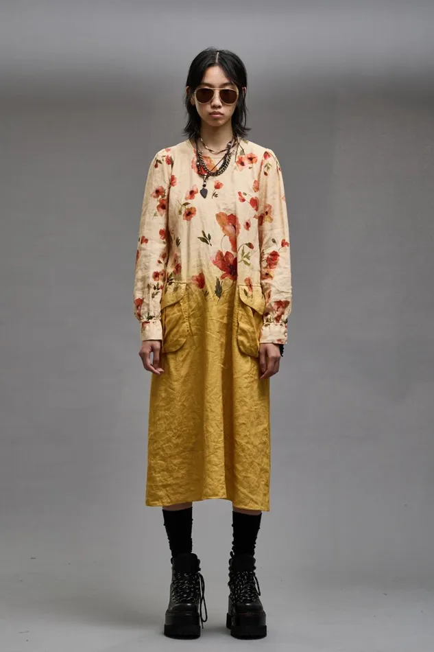 R13 Sale Women BELLOW POCKET DRESS 8211 YELLOW POPPY PRINT