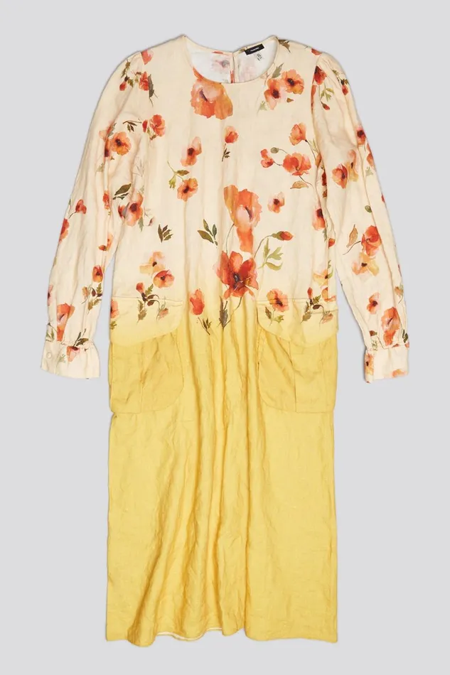 R13 Sale Women BELLOW POCKET DRESS 8211 YELLOW POPPY PRINT