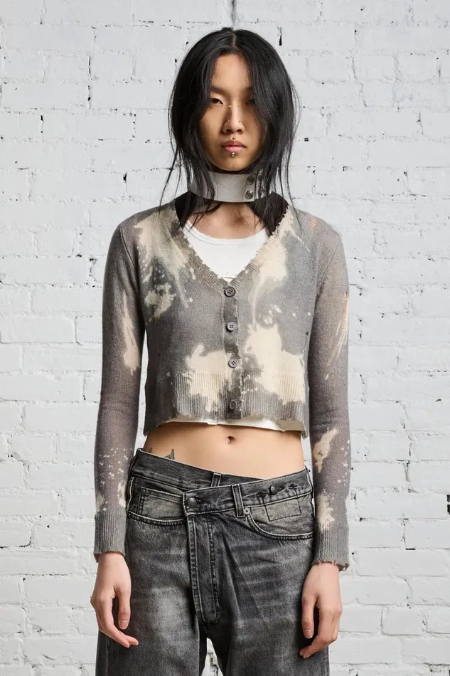 R13 Sale Women CROPPED BABY CARDIGAN 8211 CHARCOAL BLEACH