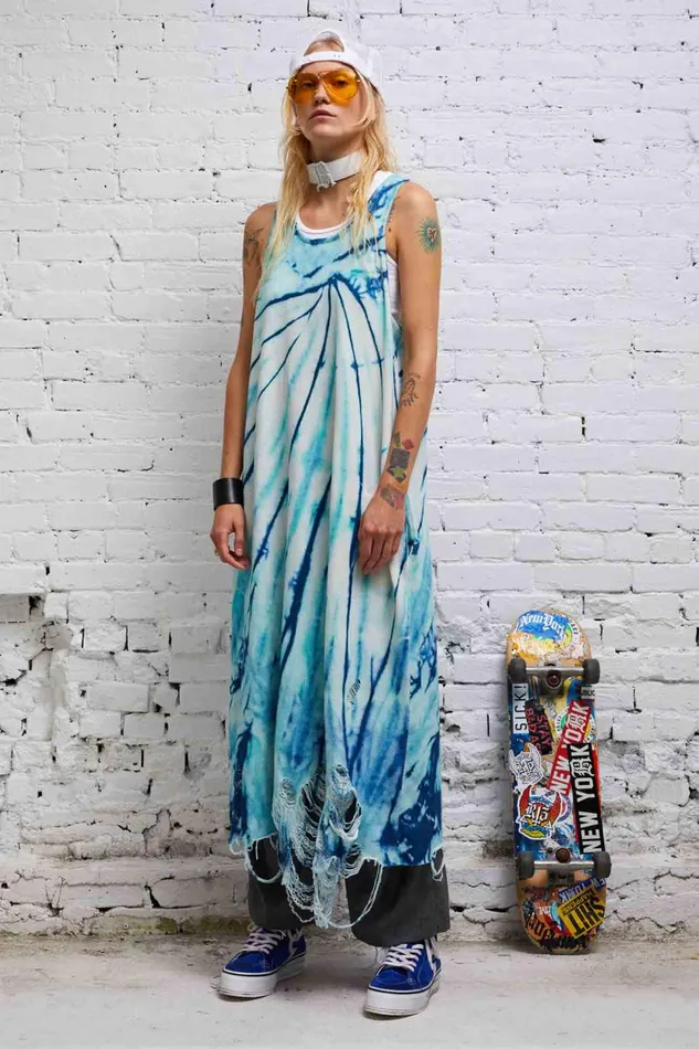 R13 Sale Women DESTROYED KNIT TANK DRESS 8211 BLUE TIEDYE