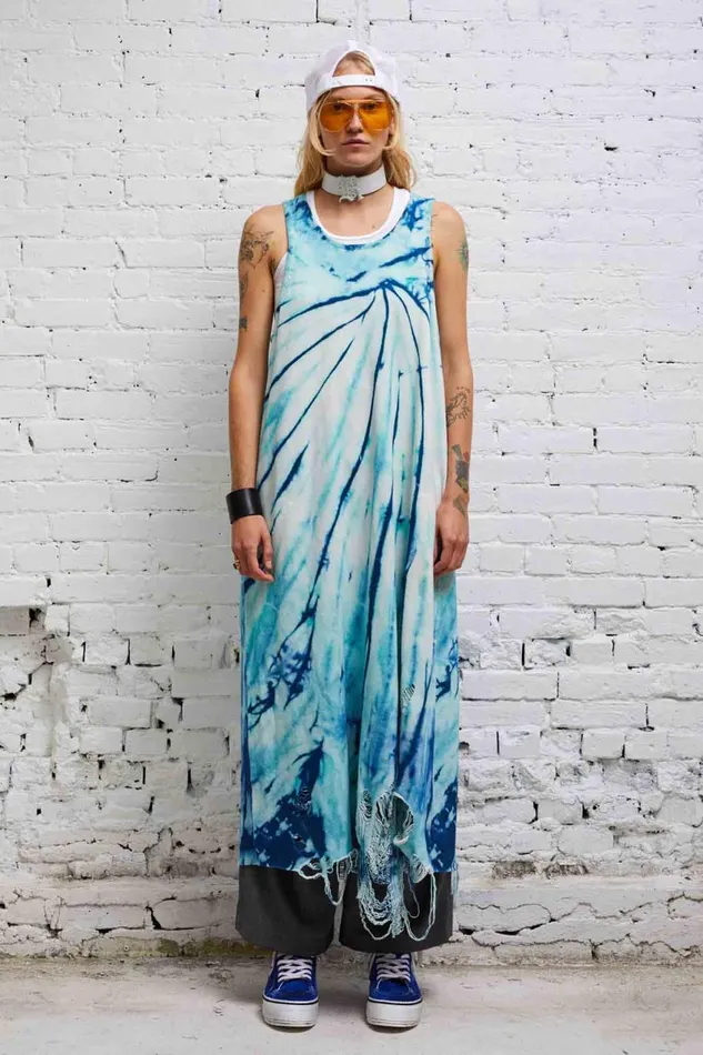 R13 Sale Women DESTROYED KNIT TANK DRESS 8211 BLUE TIEDYE