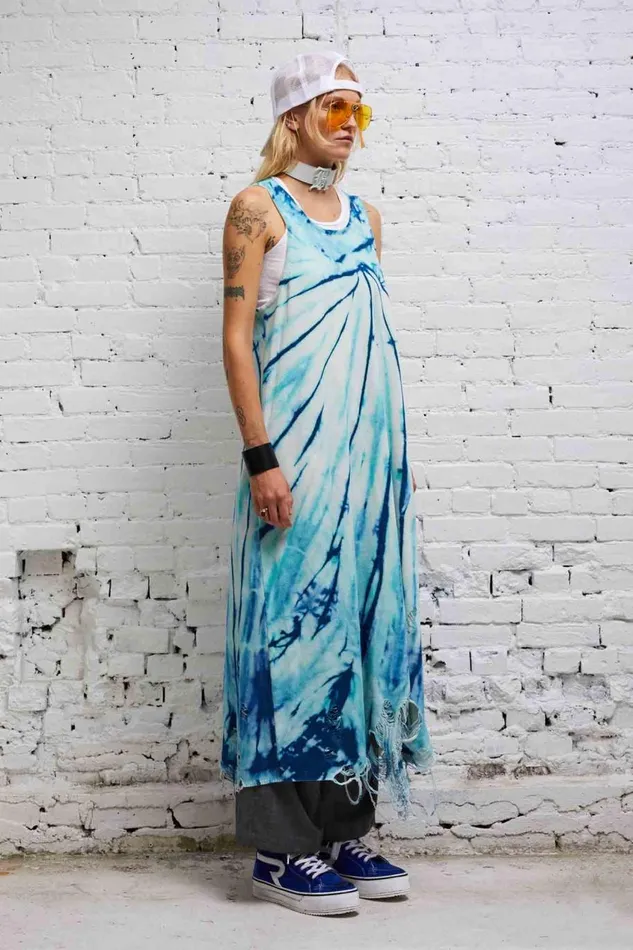 R13 Sale Women DESTROYED KNIT TANK DRESS 8211 BLUE TIEDYE