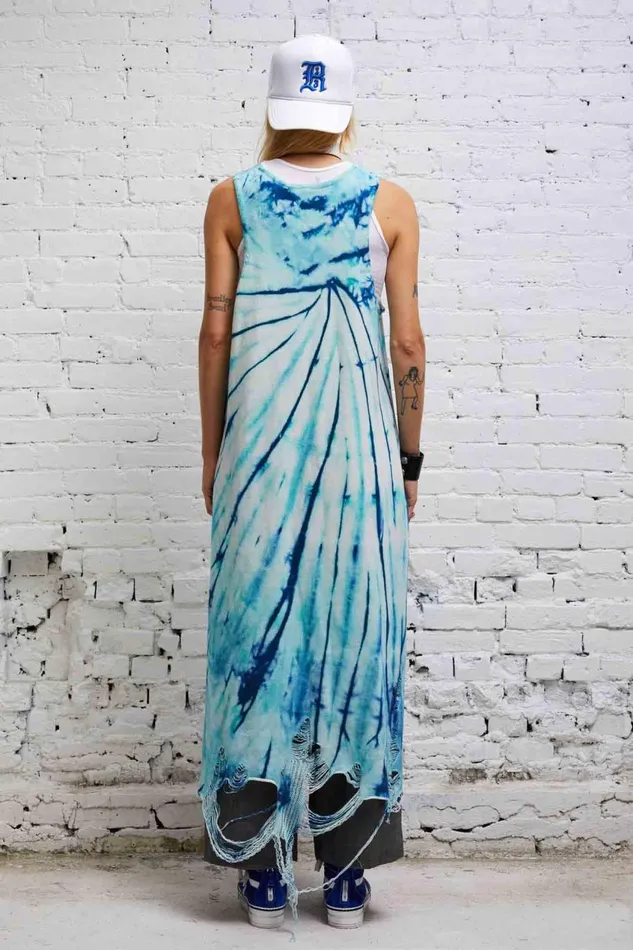 R13 Sale Women DESTROYED KNIT TANK DRESS 8211 BLUE TIEDYE