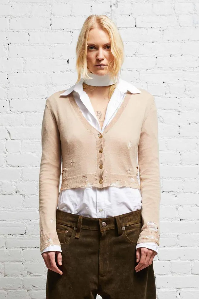 R13 Sale Women DISTRESSED BABY CARDIGAN 8211 TAN