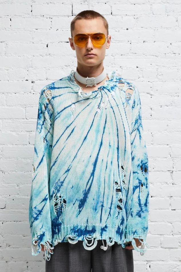 R13 Sale Women DISTRESSED OVERSIZED PULLOVER 8211 BLUE TIEDYE