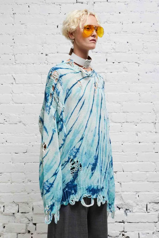 R13 Sale Women DISTRESSED OVERSIZED PULLOVER 8211 BLUE TIEDYE