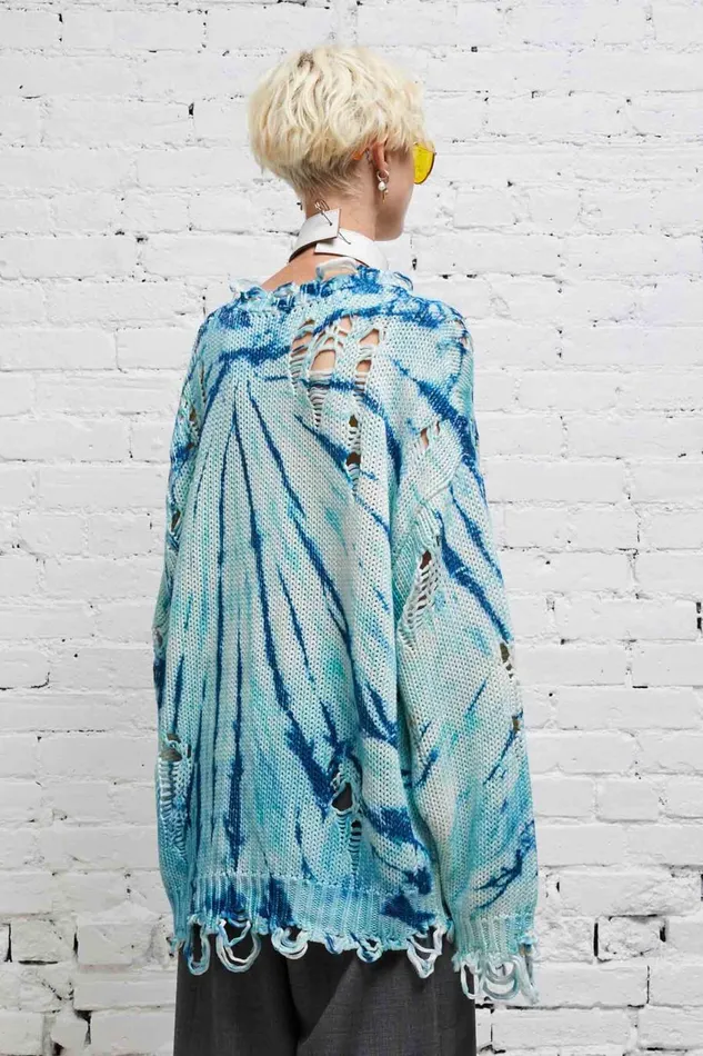 R13 Sale Women DISTRESSED OVERSIZED PULLOVER 8211 BLUE TIEDYE