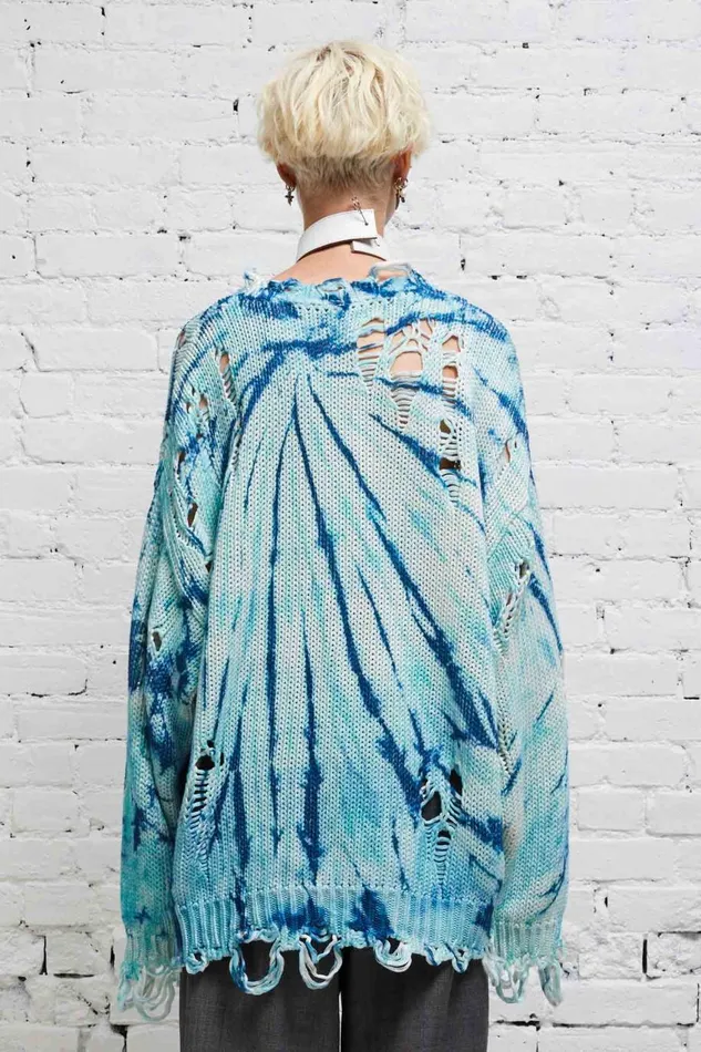 R13 Sale Women DISTRESSED OVERSIZED PULLOVER 8211 BLUE TIEDYE