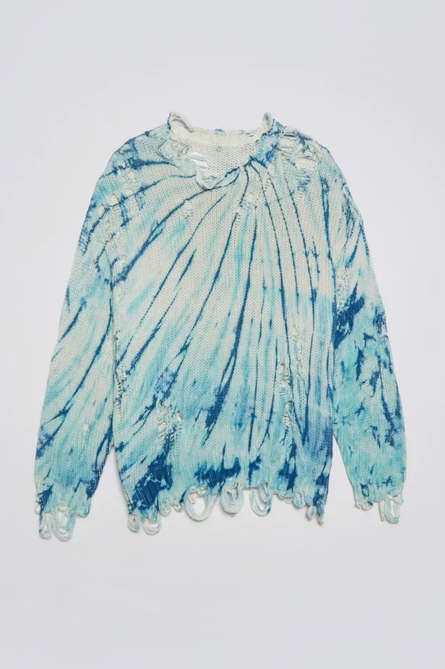 R13 Sale Women DISTRESSED OVERSIZED PULLOVER 8211 BLUE TIEDYE