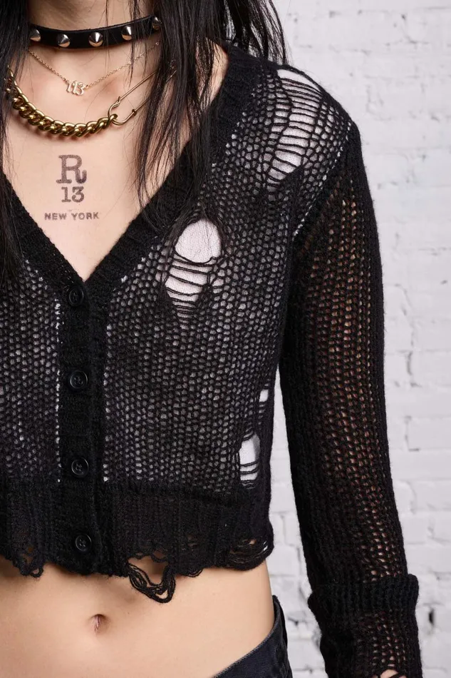 R13 Sale Women DOUBLE LAYER BABY CARDIGAN 8211 BLACK AND ECRU