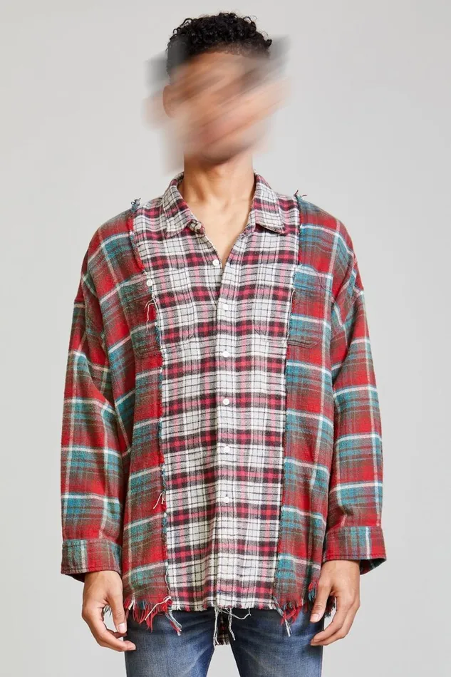 R13 Sale Women Drop Neck Combo Work Shirt 8211 Grey Blue Plaid Denim