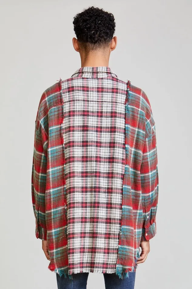 R13 Sale Women Drop Neck Combo Work Shirt 8211 Grey Blue Plaid Denim