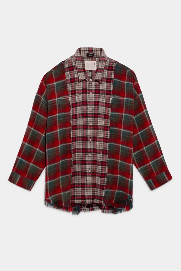 R13 Sale Women Drop Neck Combo Work Shirt 8211 Grey Blue Plaid Denim