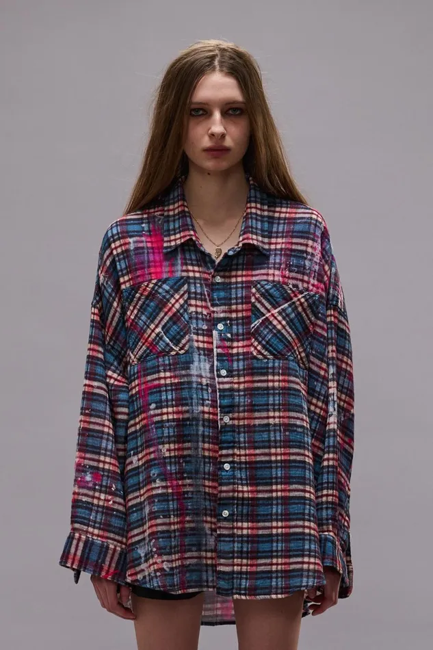 R13 Sale Women DROP NECK WORKSHIRT 8211 BLUE PLAID WITH PAINT DRIPS
