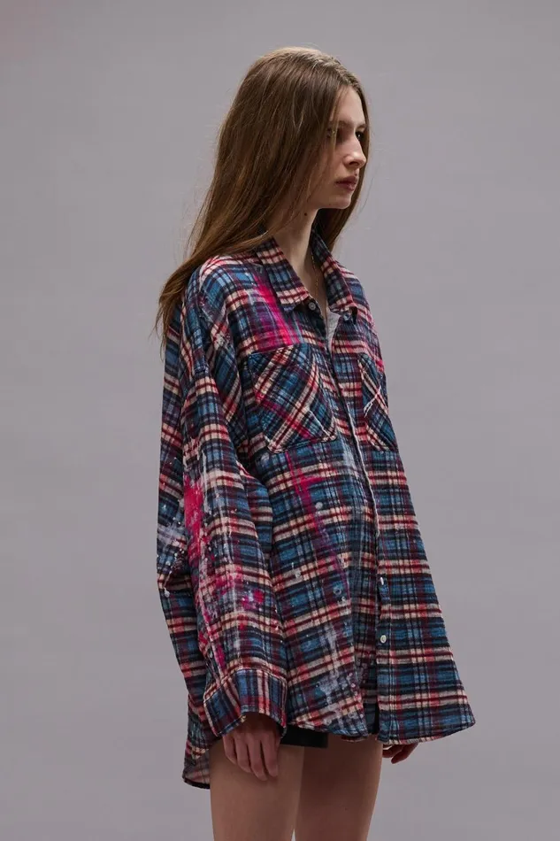 R13 Sale Women DROP NECK WORKSHIRT 8211 BLUE PLAID WITH PAINT DRIPS