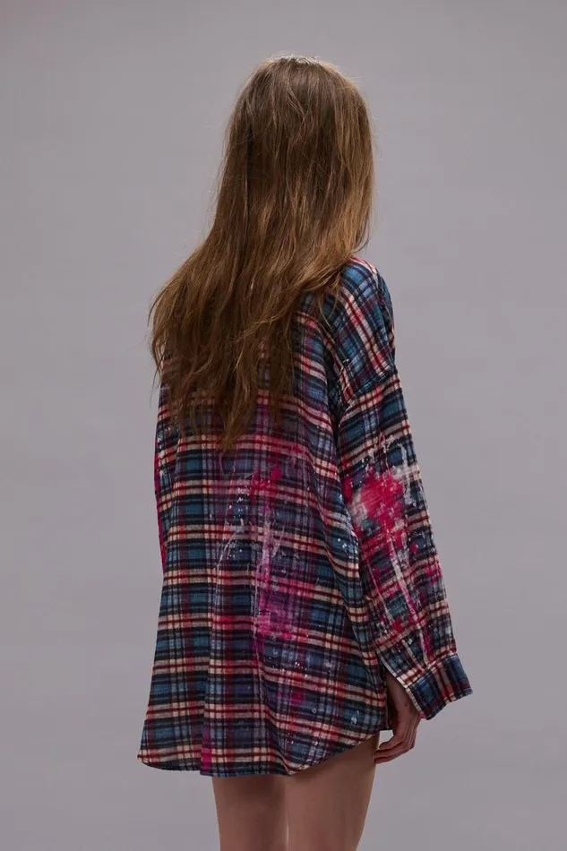 R13 Sale Women DROP NECK WORKSHIRT 8211 BLUE PLAID WITH PAINT DRIPS