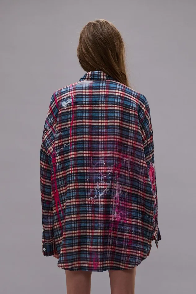 R13 Sale Women DROP NECK WORKSHIRT 8211 BLUE PLAID WITH PAINT DRIPS