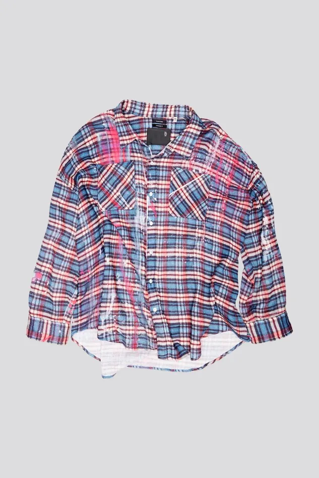 R13 Sale Women DROP NECK WORKSHIRT 8211 BLUE PLAID WITH PAINT DRIPS