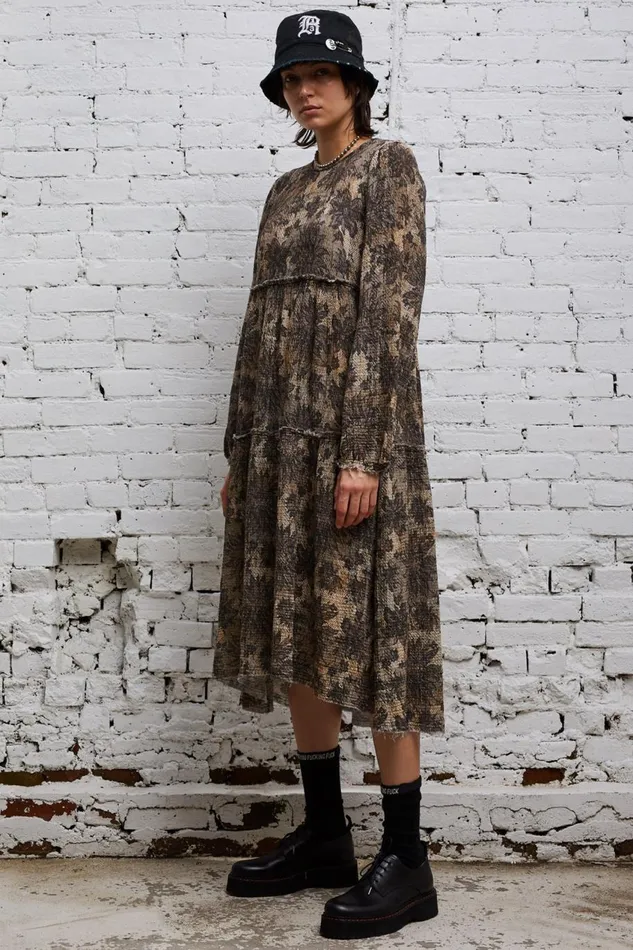 R13 Sale Women LONG SLEEVE SHREDDED RELAXED MIDI 8211 GREY LACE IMITATION